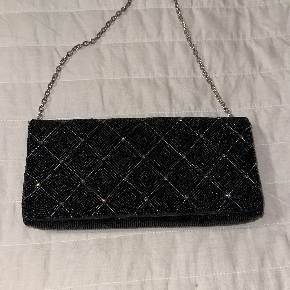 franchi Vintage Black Pearly Blue Silver Tone Chain Beaded Evening Bag Clutch